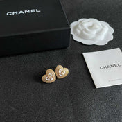 CHANEL 26S DOUBLE C LOGO PAVE HEART STUD EARRINGS WITH WHITE ENAMEL IN GOLD METAL 631815