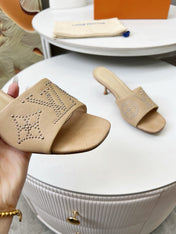 HIGH MULE IN CAMEL BEIGE LAMBSKIN WITH RHINSTONES 55 MM