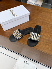 DIOR 26S D-WAY SLIDE IN BLACK DIOR OBLIQUE EMBROIDERED COTTON WITH GOLD HARDWARE