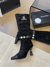 KNEE HIGH BOOTS IN BLACK CALFSKIN AND SEQUINS