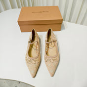 GIANVITO ROSSI 26S MARY JANE FLATS IN NUDE LACE FABRIC