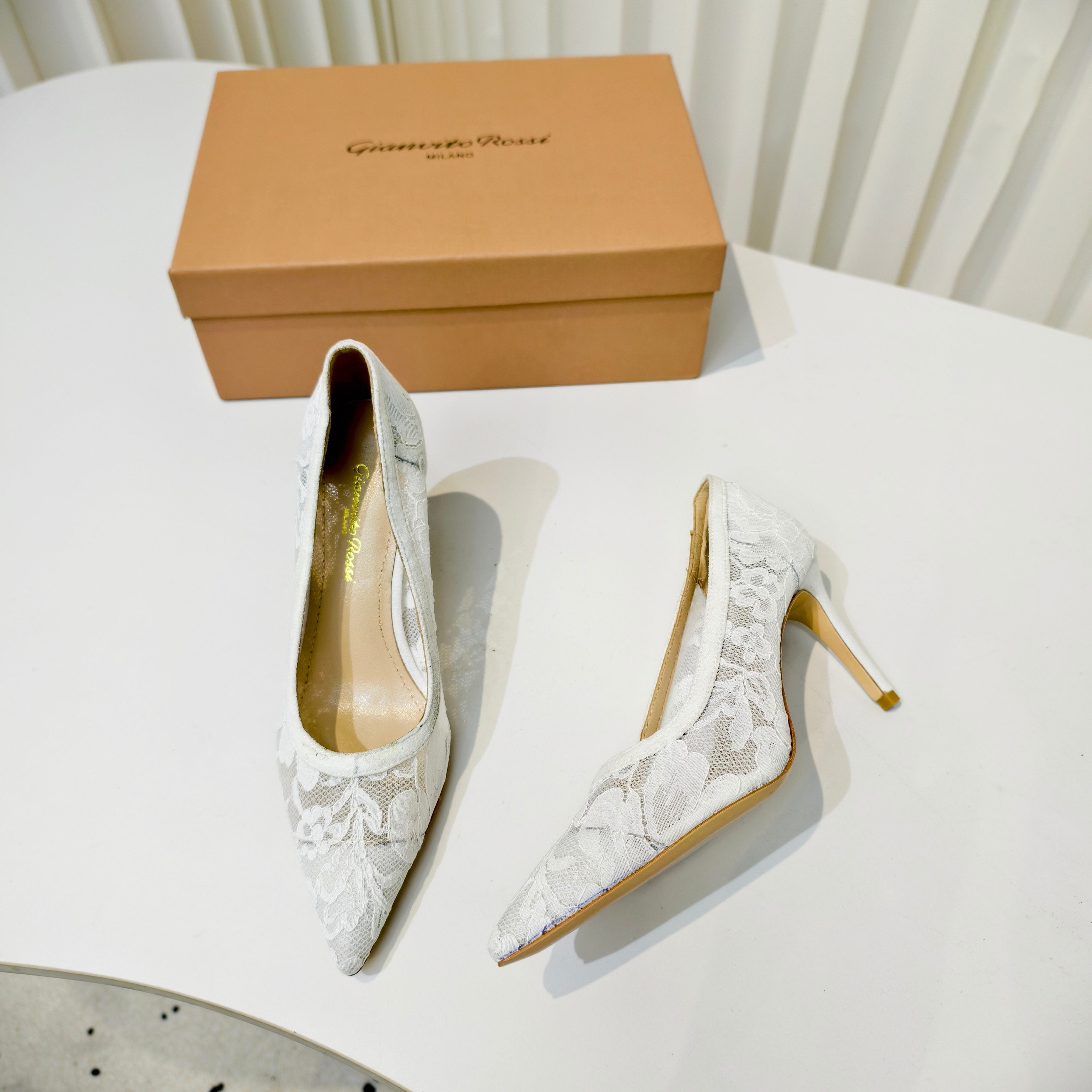 GIANVITO ROSSI 26S HIGH HEELS 85 MM IN WHITE LACE FABRIC