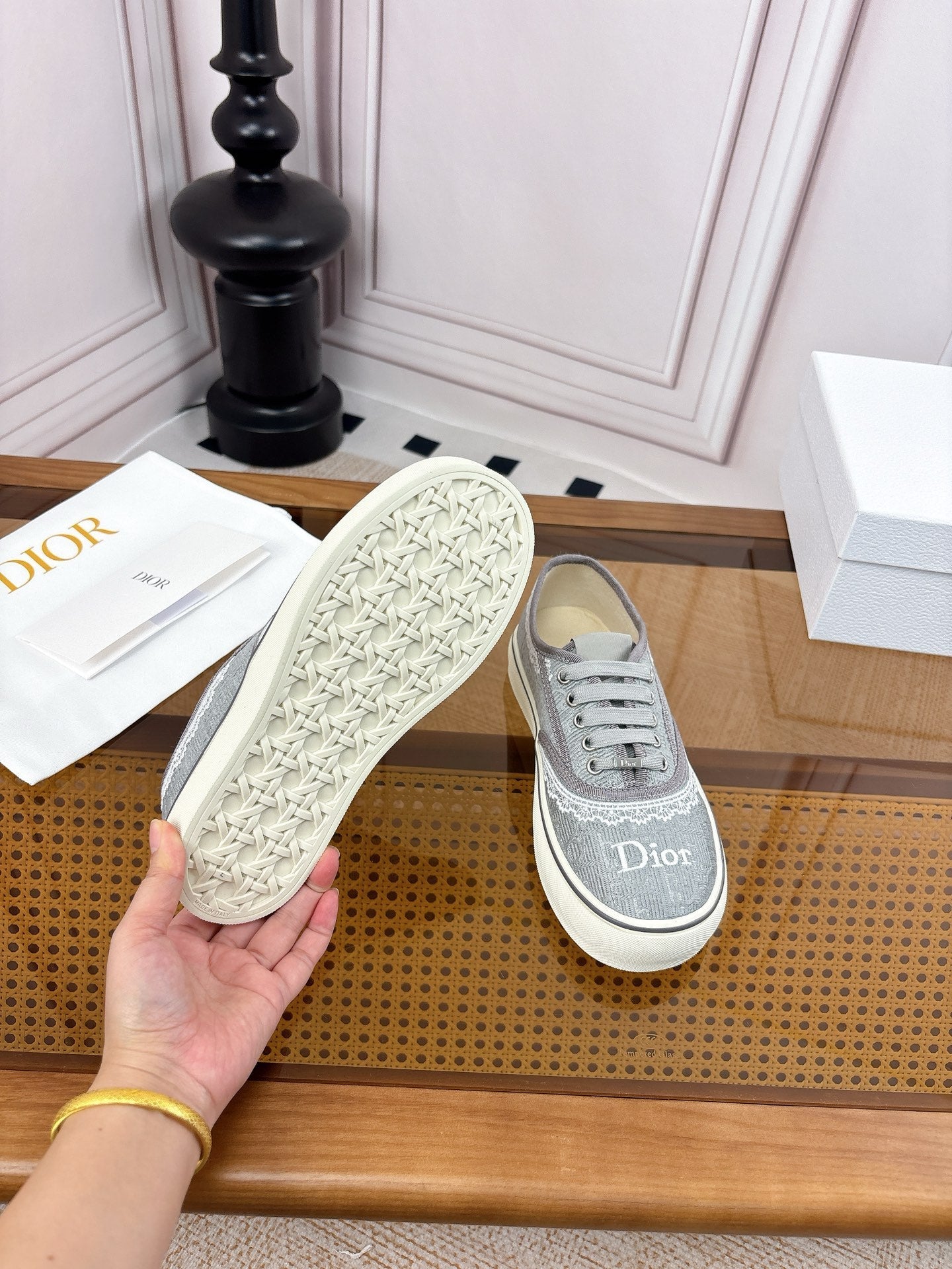 DIOR 26S LOW TOP SNEAKERS IN GREY CANVAS WITH WHITE LACE TRIM & LOGO PRINT