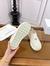 DIOR 26S LOW TOP SNEAKERS IN BEIGE CANVAS WITH WHITE LACE TRIM & LOGO PRINT