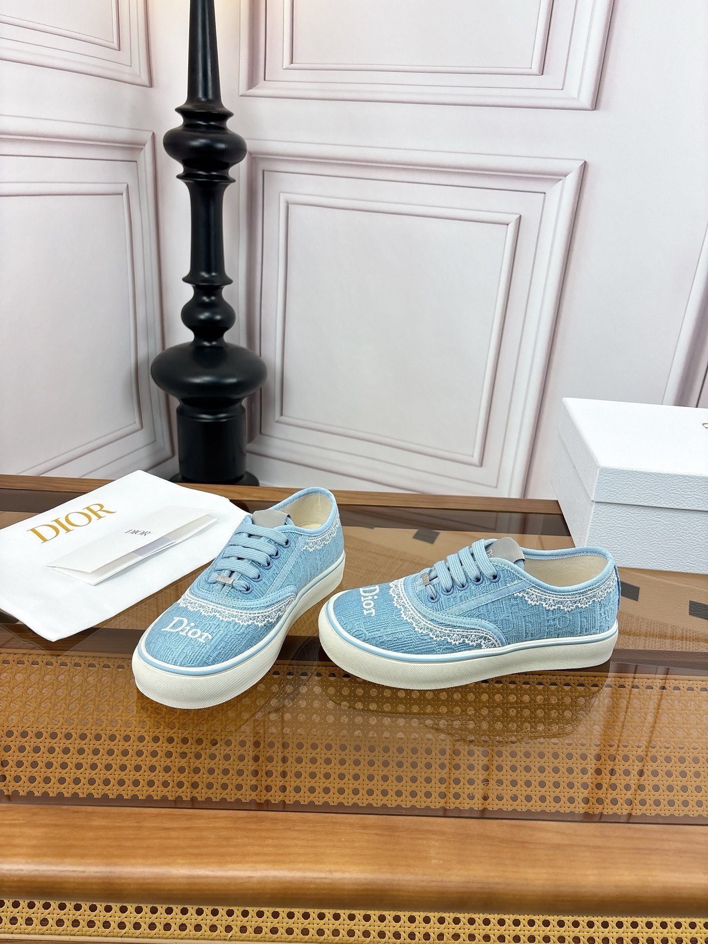 DIOR 26S LOW TOP SNEAKERS IN LIGHT BLUE CANVAS WITH WHITE LACE TRIM & LOGO PRINT