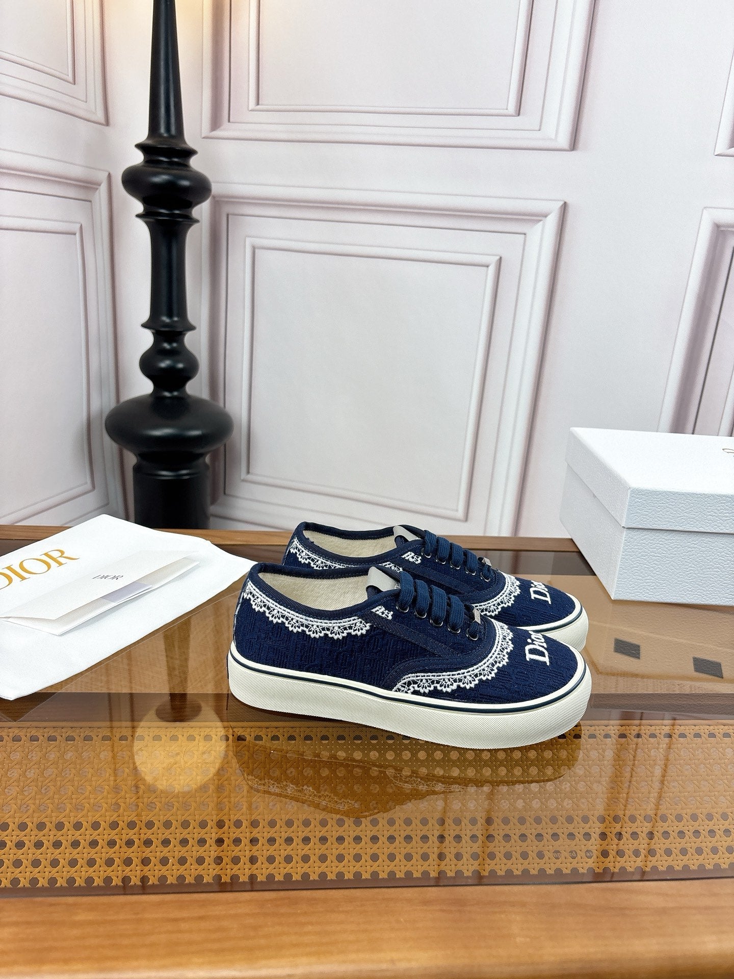 DIOR 26S LOW TOP SNEAKERS IN NAVY BLUE CANVAS WITH WHITE LACE TRIM & LOGO PRINT