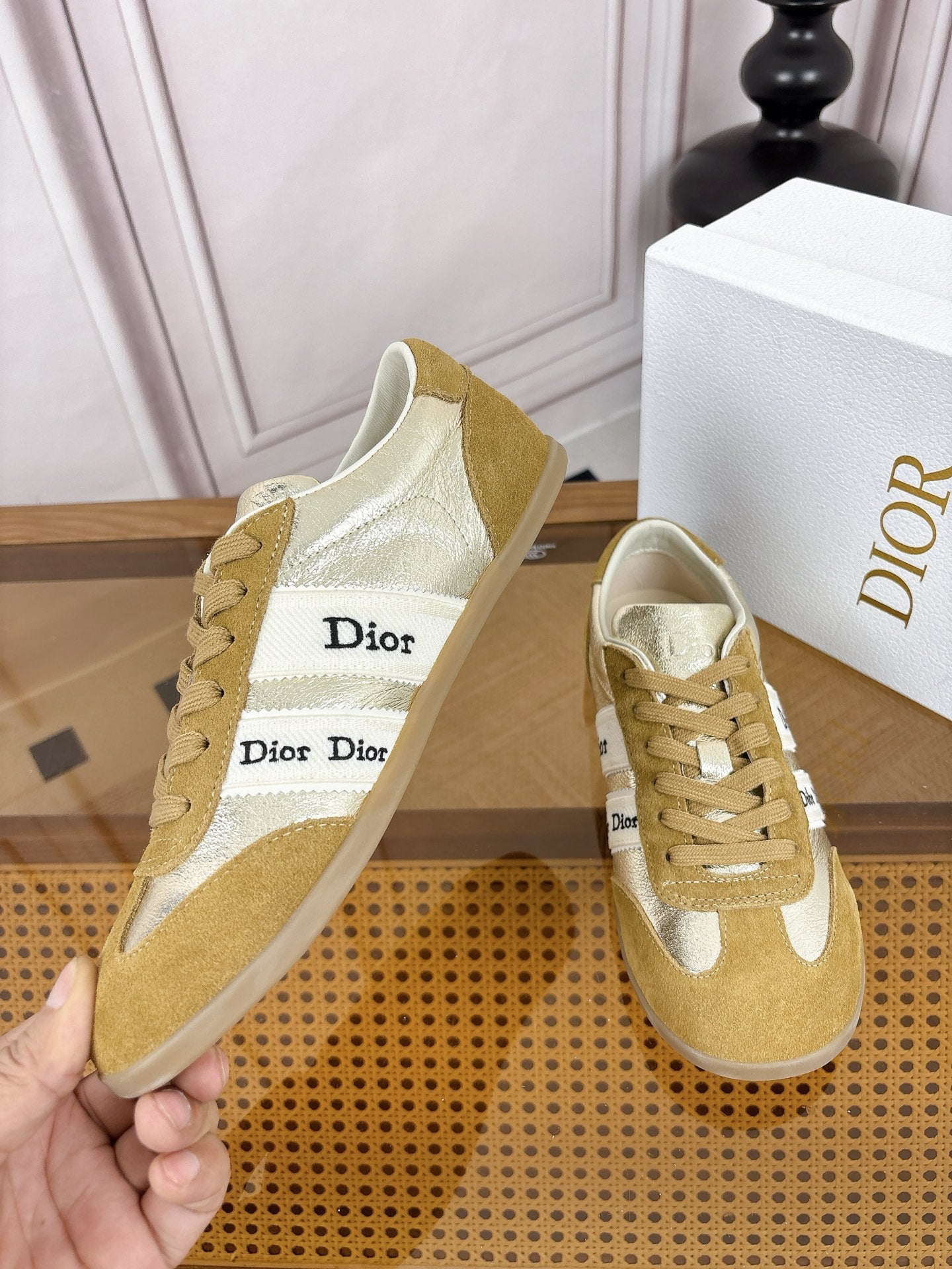 DIOR 26S SNEAKERS IN OLIVE BROWN SUEDE AND SILVER METALLIC CALFSKIN
