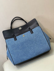 CHANEL 26S SHOPPING TOTE BAG 43 IN DENIM BLUE AND BLACK CALFSKIN