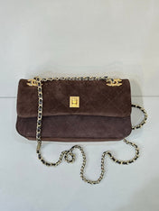 CHANEL 26S FLAP BAG 22 IN CHOCOLATE BROWN SUEDE WITH GOLD HARDWARE