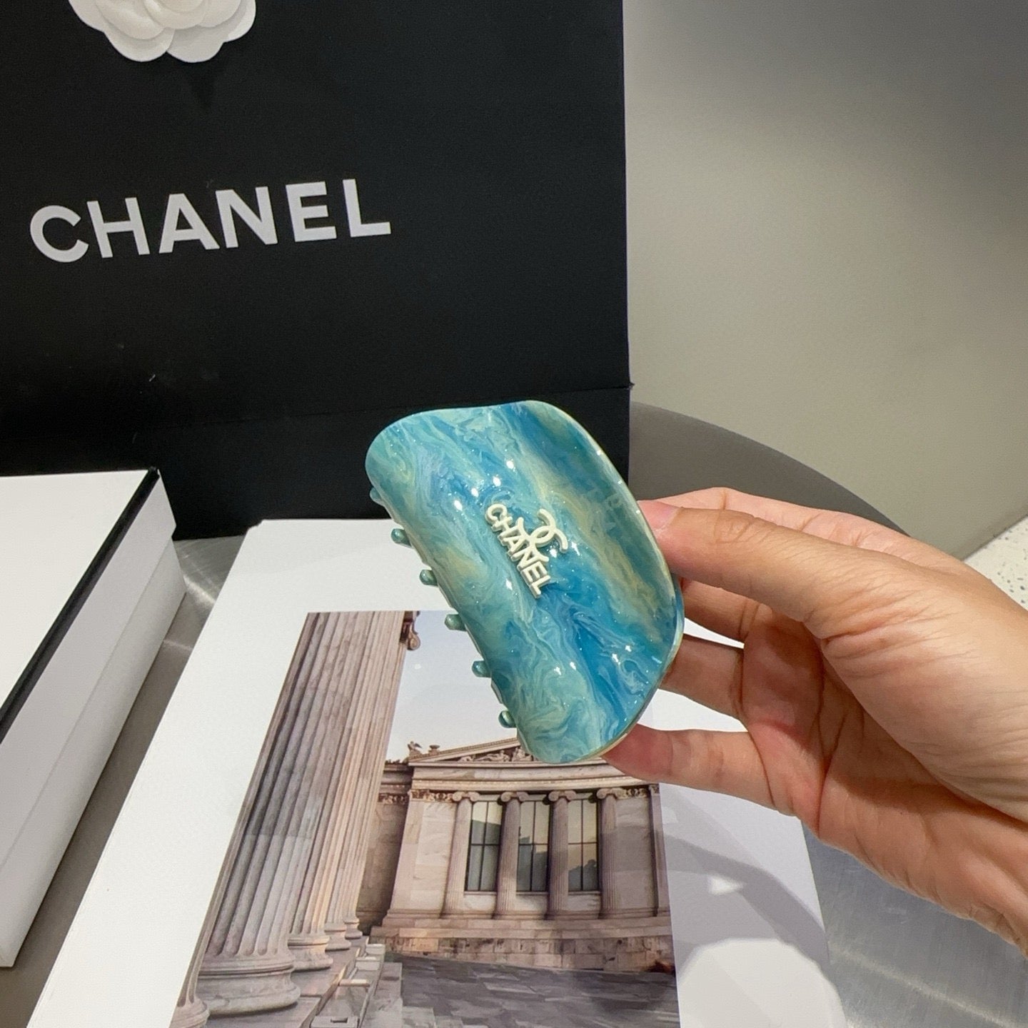 CHANEL 26S HAIR CLAW CLIP IN TURQUOISE BLUE METAL 503078