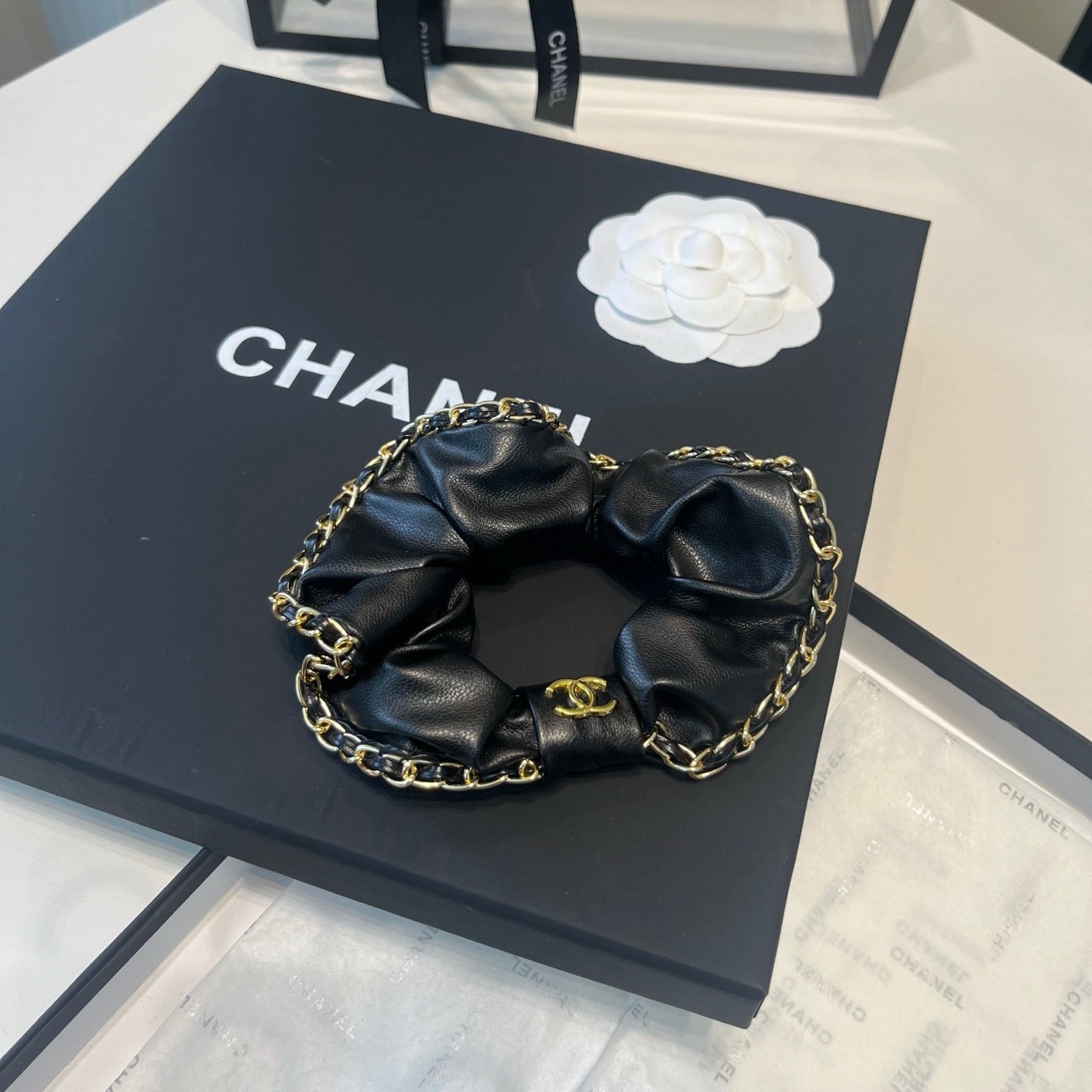 CHANEL 26S SCRUNCHIE IN BLACK LEATHER 512120