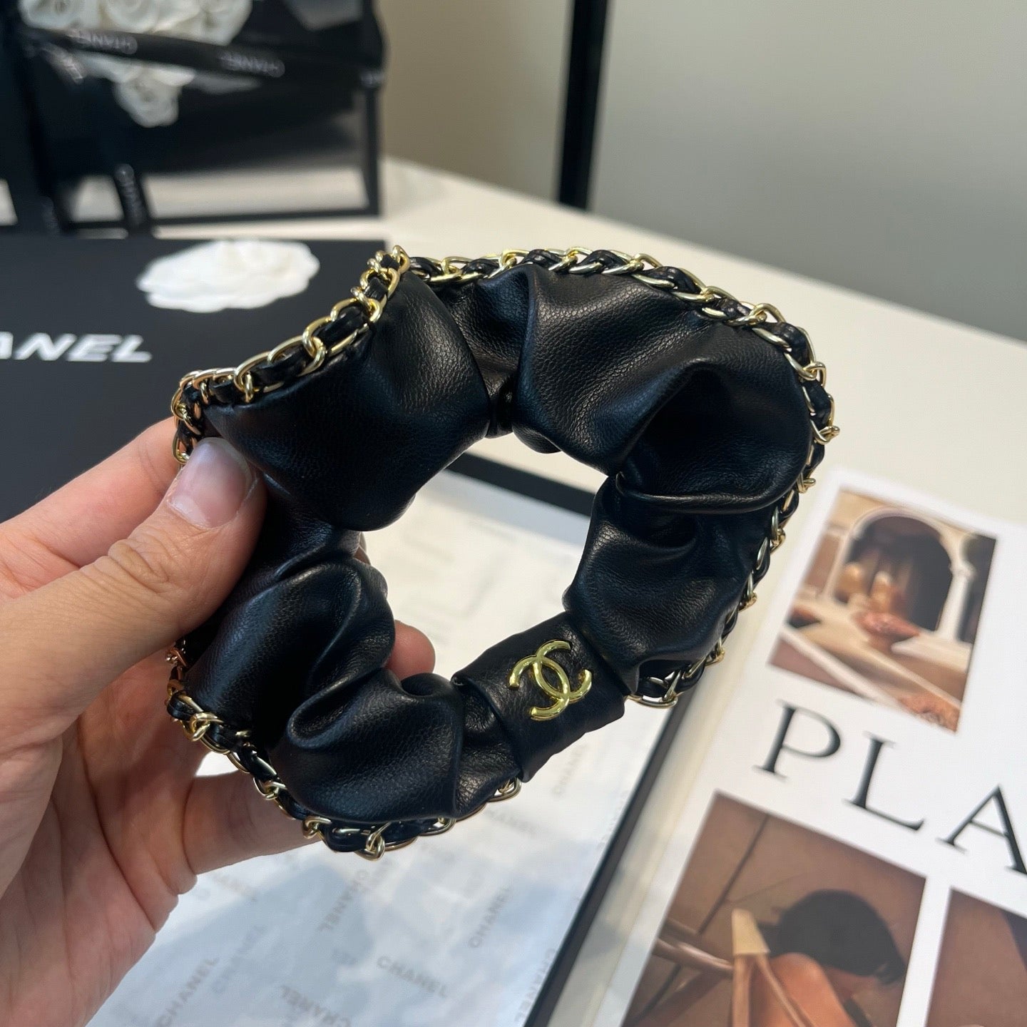 CHANEL 26S SCRUNCHIE IN BLACK LEATHER 512120