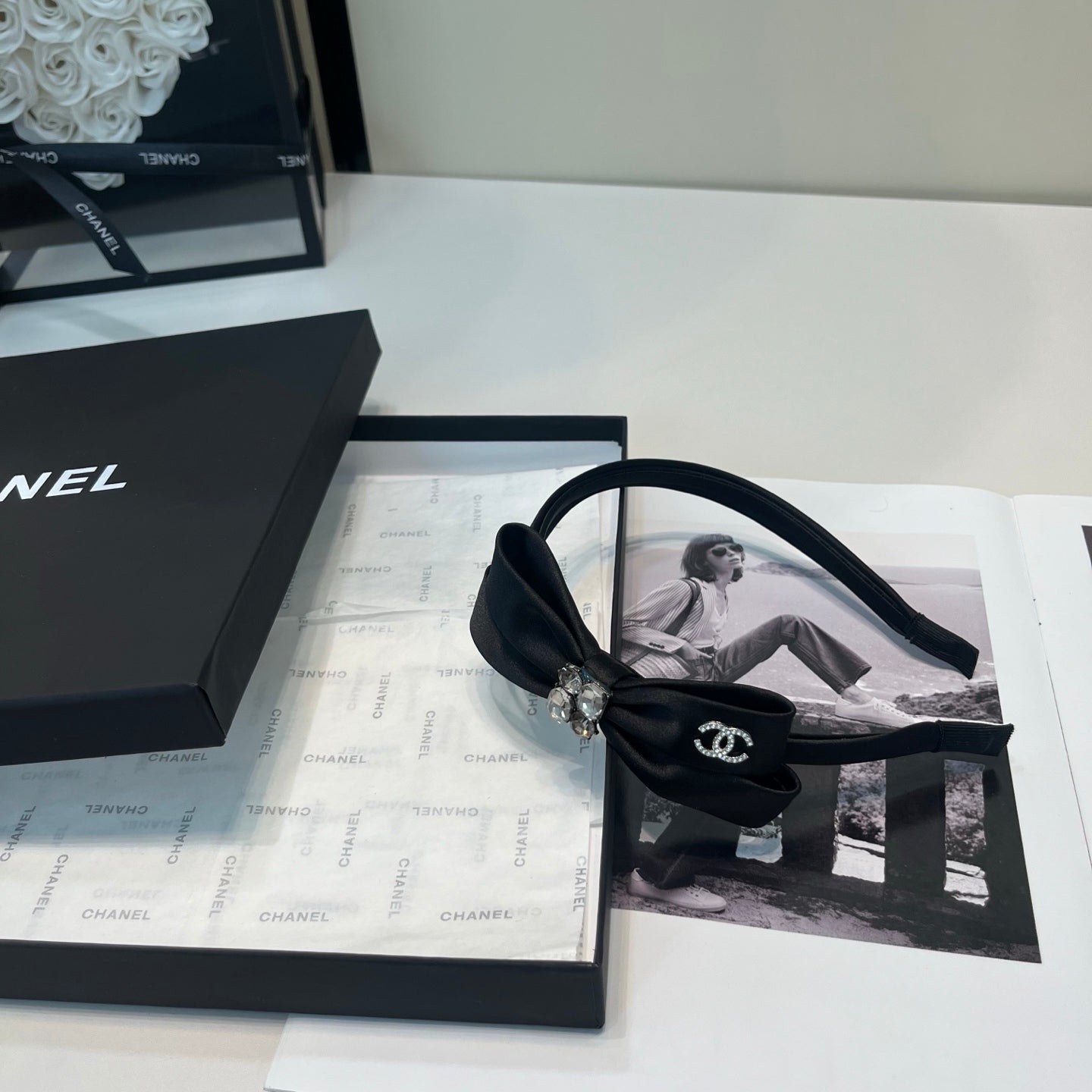 CHANEL 26S HEADBAND IN BLACK SATIN BOW 503102