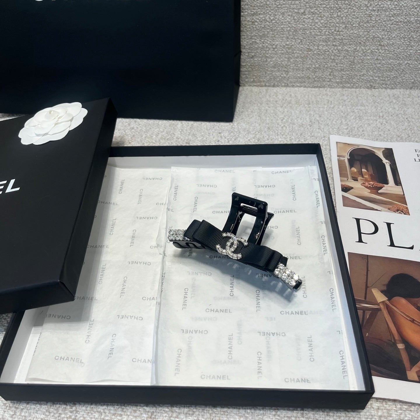 CHANEL 26S BOW HAIR CLIP IN BLACK RIBBON 512130