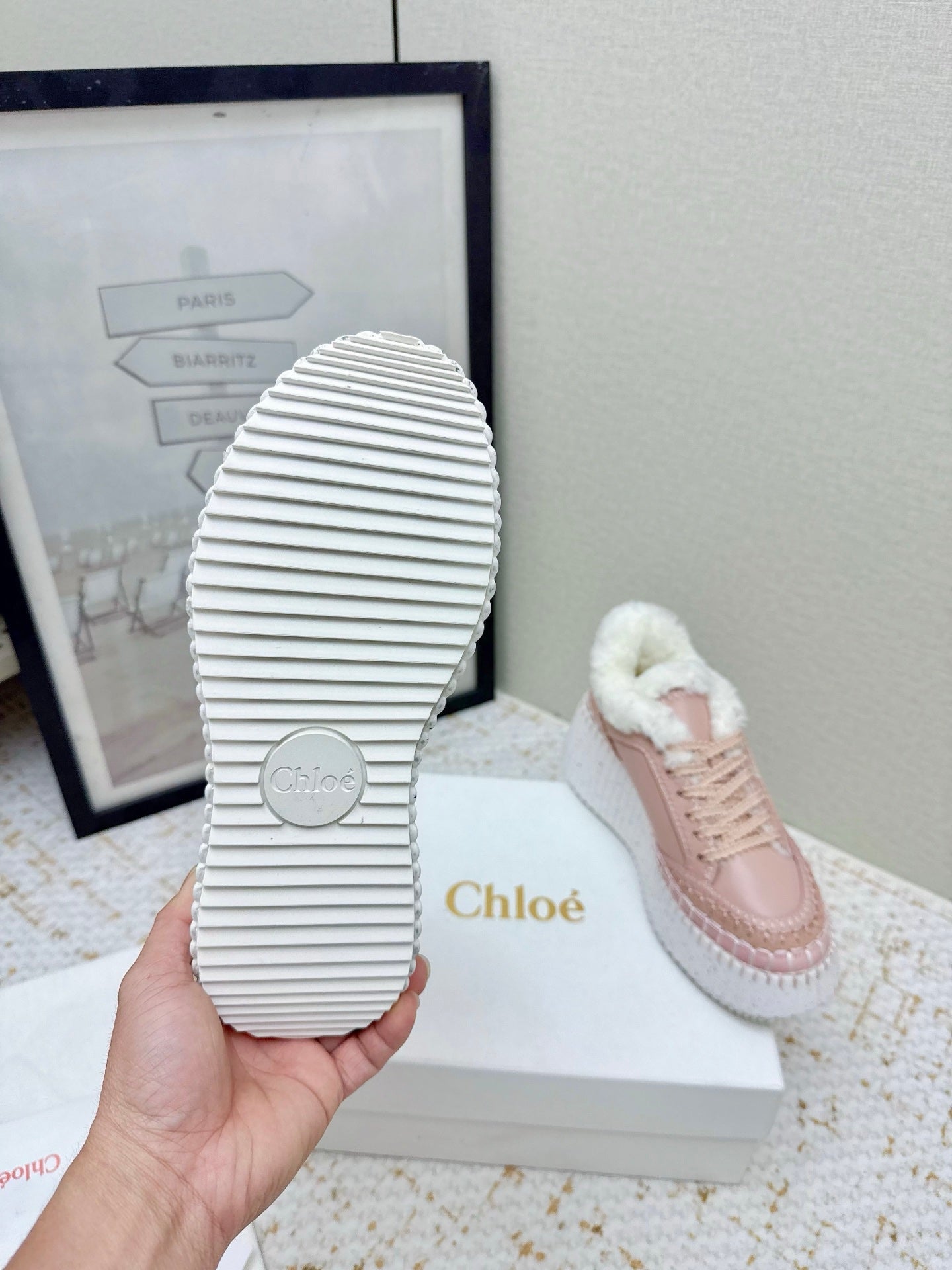 CHLOÉ 26S WEDGE SOLE SNEAKERS IN LIGHT PINK CALFSKIN