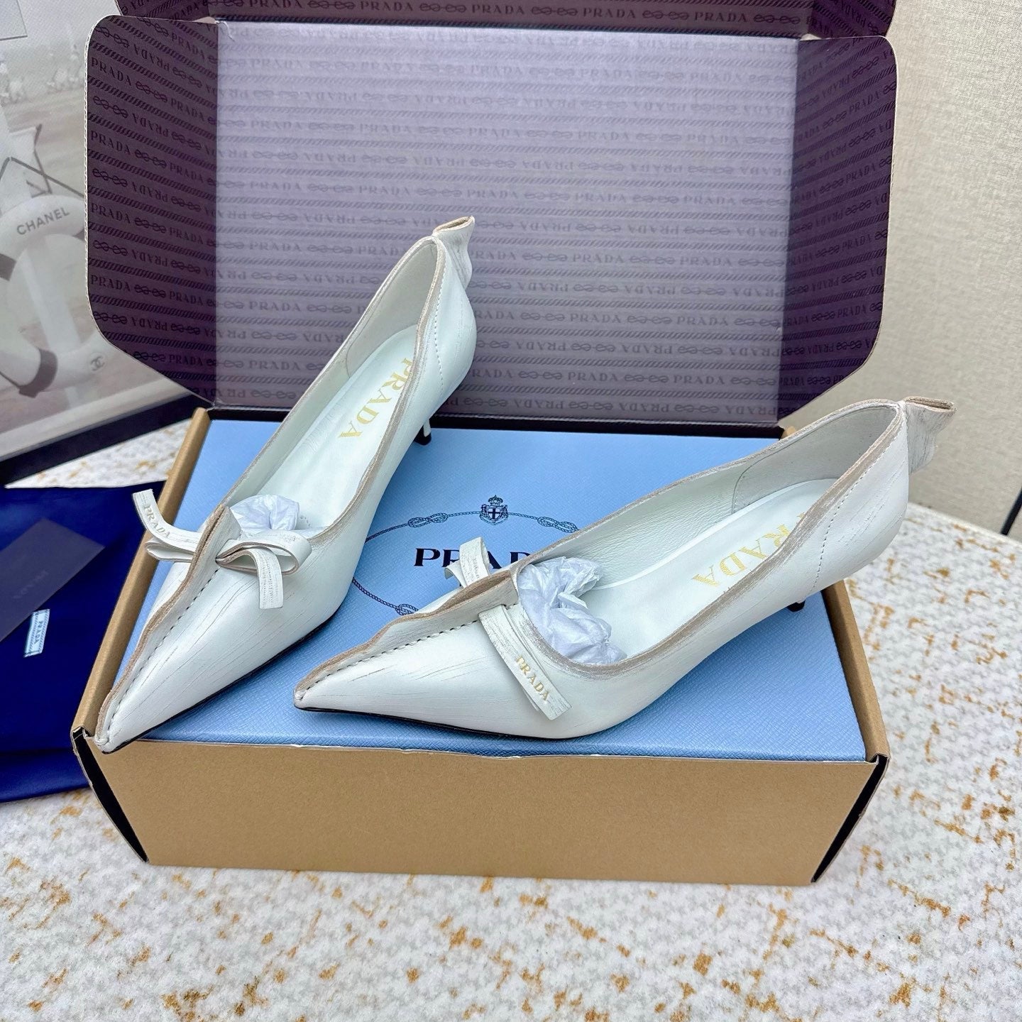 PRADA 26S ANTIQUED LEATHER PUMPS 55MM IN CREAM WHITE CALFSKIN
