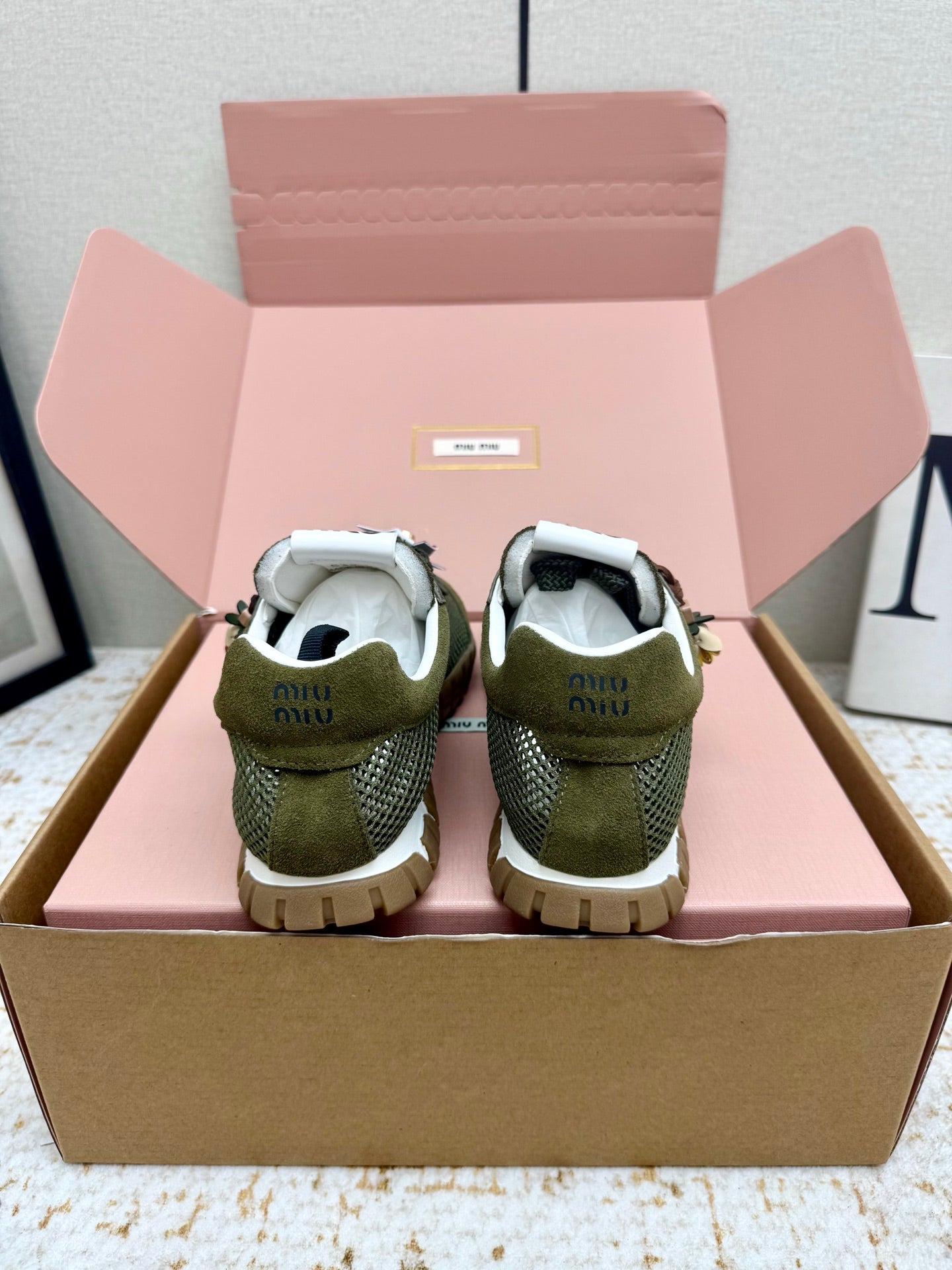 MIUMIU 26S CHARM SNEAKERS IN OLIVE GREEN MESH AND SUEDE