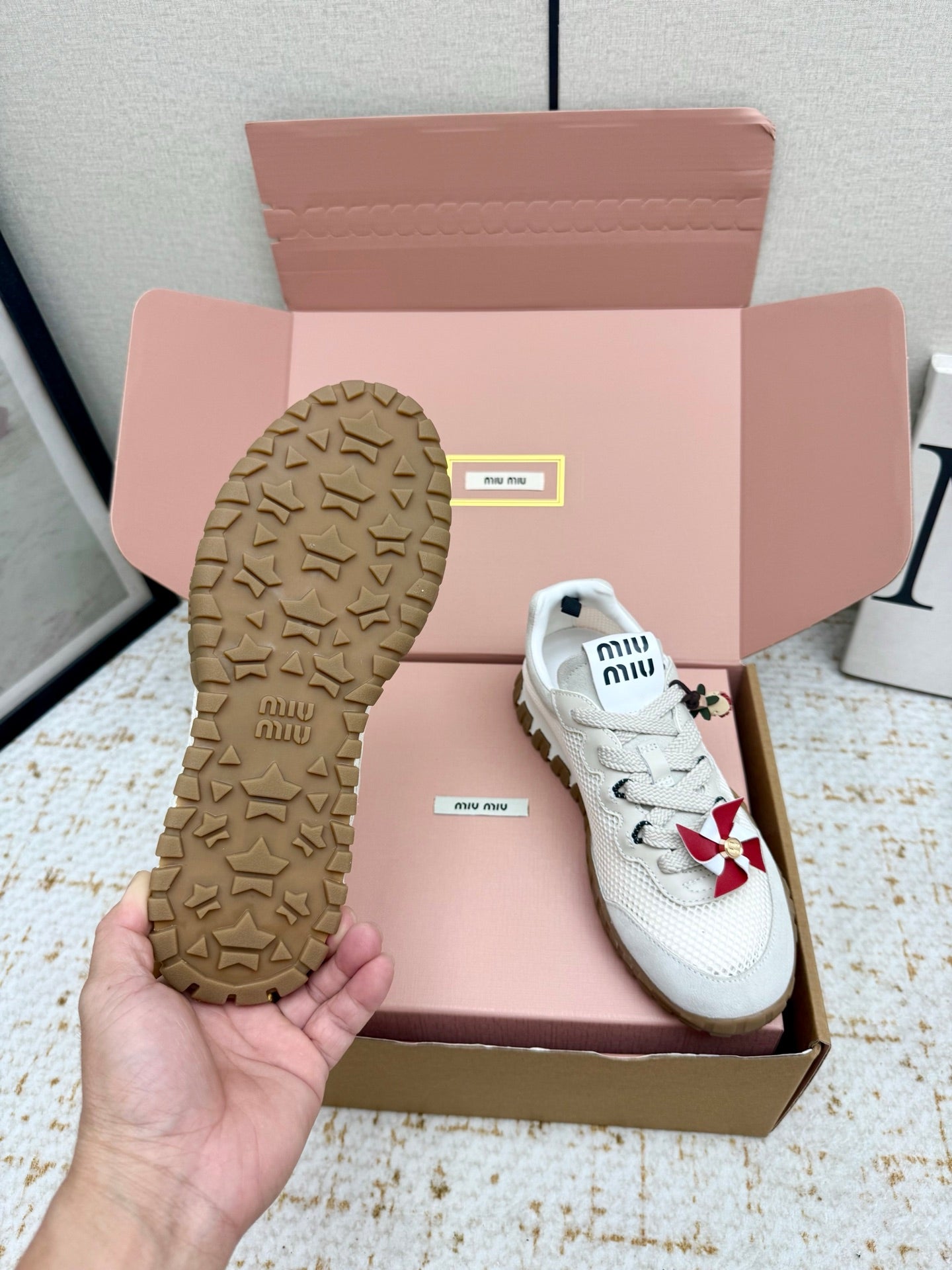 MIUMIU 26S CHARM SNEAKERS IN WHITE MESH AND SUEDE