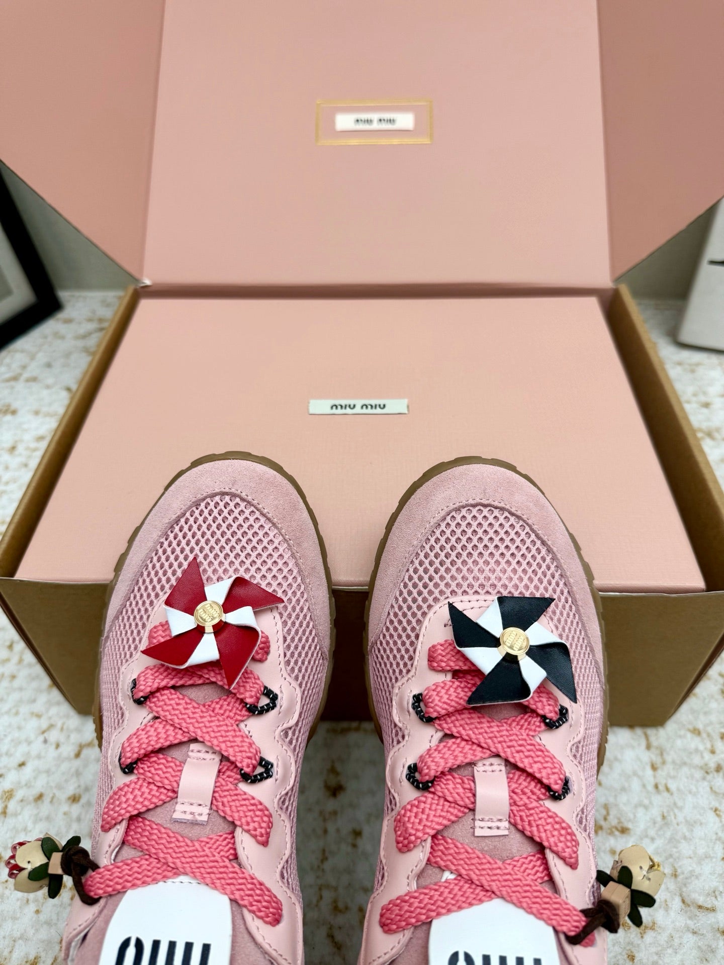 MIUMIU 26S CHARM SNEAKERS IN PINK MESH AND SUEDE