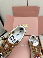 MIUMIU 26S CHARM SNEAKERS IN BROWN SUEDE AND WHITE MESH