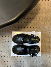 PRADA 26S CROSS STRAP PLATFORM SANDALS 35MM IN BLACK CALFSKIN