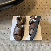 PRADA 26S CROSS STRAP PLATFORM SANDALS 35MM IN DARK BROWN CALFSKIN