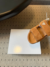 PRADA 26S DOUBLE STRAP SLIDES 35MM IN CARAMEL BROWN SUEDE
