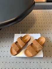PRADA 26S DOUBLE STRAP SLIDES 35MM IN CARAMEL BROWN SUEDE