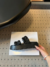 PRADA 26S RUCHED DOUBLE STRAP PLATFORM SLIDES 55MM IN BLACK CALFSKIN
