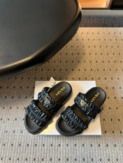 PRADA 26S RUCHED DOUBLE STRAP PLATFORM SLIDES 55MM IN BLACK CALFSKIN