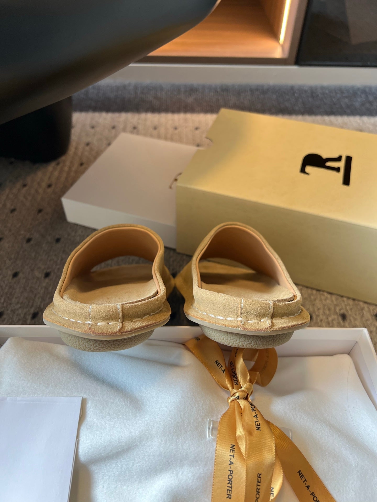 THE ROW 26S OPEN TOE MULES IN SAND BROWN SUEDE
