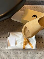 THE ROW 26S OPEN TOE MULES IN SAND BROWN SUEDE