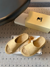 THE ROW 26S OPEN TOE MULES IN SAND BROWN SUEDE