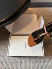YSL 26S THONG SANDALS IN BROWN CALFSKIN WITH GOLD HARDWARE