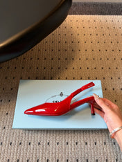 PRADA 26S POINTED TOE SLINGBACK HEELS 55MM IN RED PATENT CALFSKIN