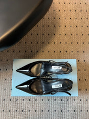 PRADA 26S POINTED TOE SLINGBACK HEELS 75MM IN BLACK PATENT CALFSKIN