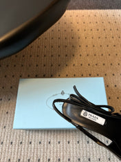 PRADA 26S POINTED TOE SLINGBACK HEELS 75MM IN BLACK PATENT CALFSKIN