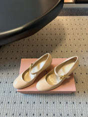 GIANVITO ROSSI 26S MARY JANE HEELS 85 MM IN BEIGE PATENT CALFSKIN
