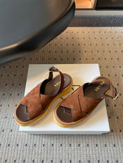 PRADA 26S CROSS STRAP PLATFORM SANDALS 55MM IN BROWN SUEDE
