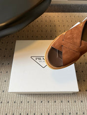 PRADA 26S CROSS STRAP PLATFORM SANDALS 55MM IN BROWN SUEDE