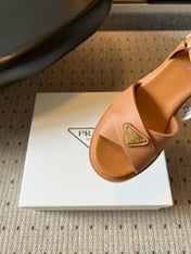 PRADA 26S BLOCK HEEL SANDALS 85MM IN CARAMEL BROWN EVA FOAM