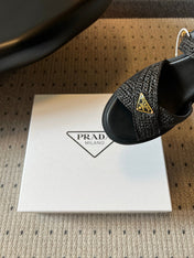 PRADA 26S BLOCK HEEL SANDALS 85MM IN BLACK RAFFIA AND CALFSKIN