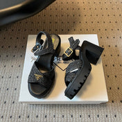 PRADA 26S BLOCK HEEL SANDALS 85MM IN BLACK RAFFIA AND CALFSKIN
