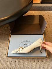 PRADA 26S POINTED TOE BOW FRINGE PUMPS 50MM IN IVORY WHITE CALFSKIN