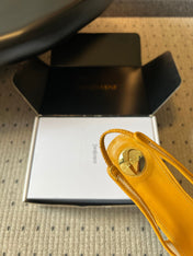 YSL 26S HEELED SLINGBACKS 60 MM IN MUSTARD YELLOW LAMBSKIN AND BEIGE MESH