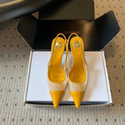YSL 26S HEELED SLINGBACKS 60 MM IN MUSTARD YELLOW LAMBSKIN AND BEIGE MESH