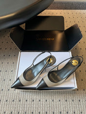 YSL 26S HEELED SLINGBACKS 60 MM IN BLACK LAMBSKIN AND BEIGE MESH