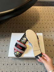 DIOR 26S SLIDES DWAY IN BLACK RED EMBROIDERED CANVAS WITH LOGO & FLORAL PRINT FOOTBED