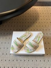 DIOR 26S SLIDES DWAY IN BEIGE GREEN EMBROIDERED CANVAS WITH LOGO & FLORAL PRINT FOOTBED