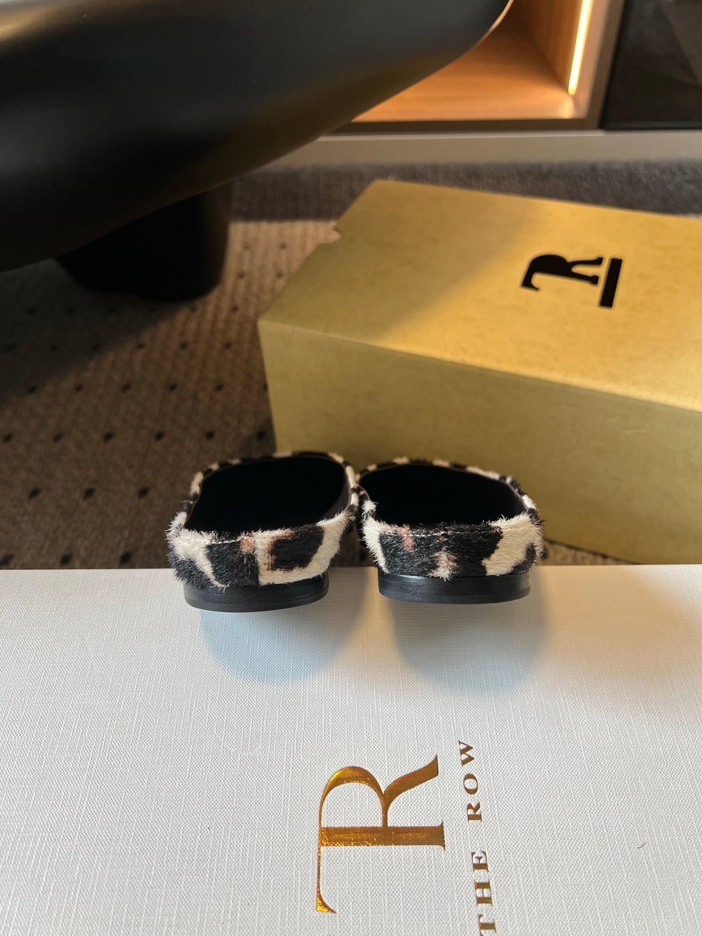 THE ROW 26S SQUARE TOE BACKLESS SLIDES IN WHITE COW PRINT CALF HAIR